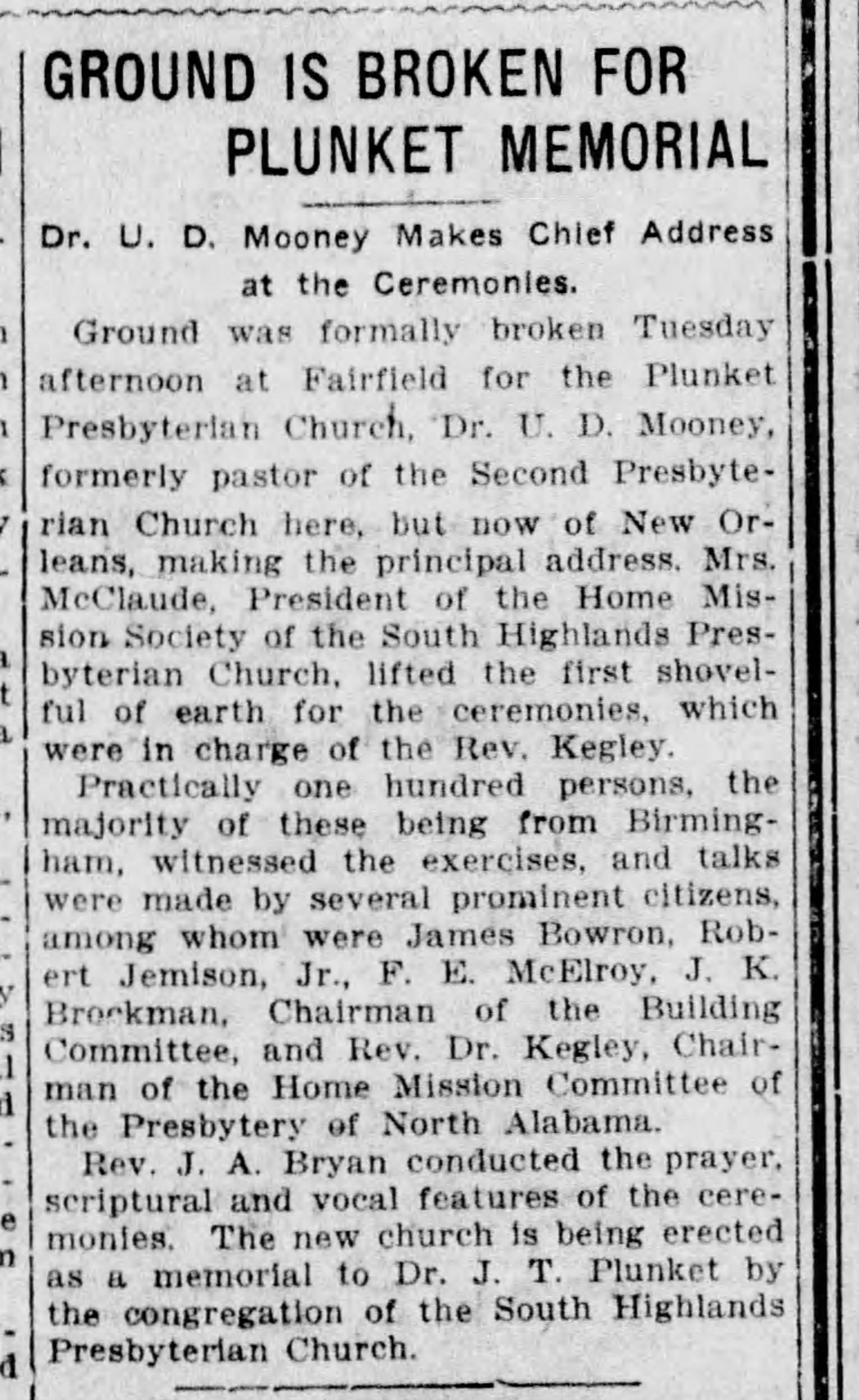 Ground Is Broken For Plunket Memorial